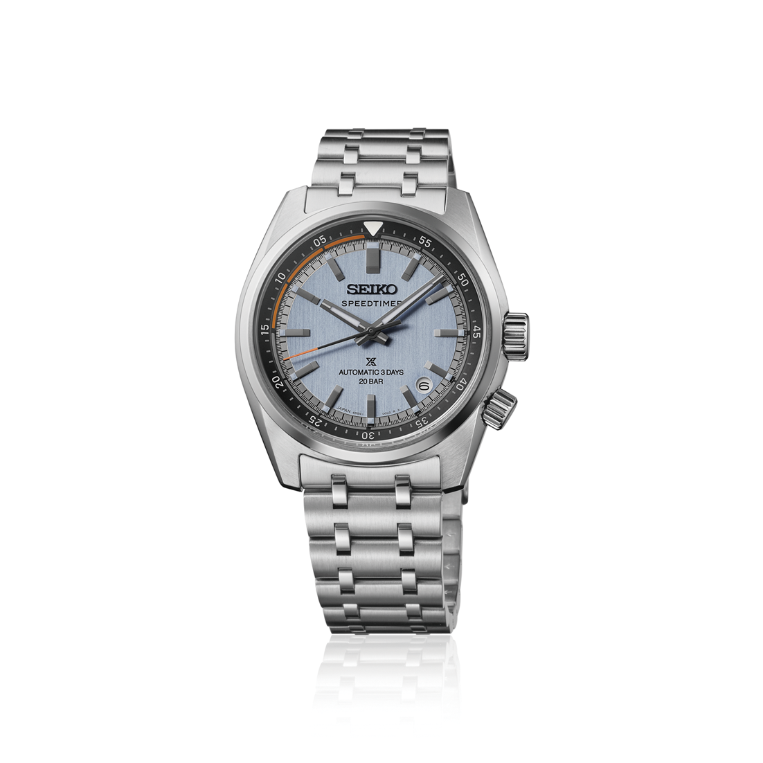 Seiko Prospex Speedtimer Automatic With Manual Winding 39.5mm watch featuring a stainless steel analog motorsports design, light blue textured dial, black outer chapter ring, and metallic bracelet.