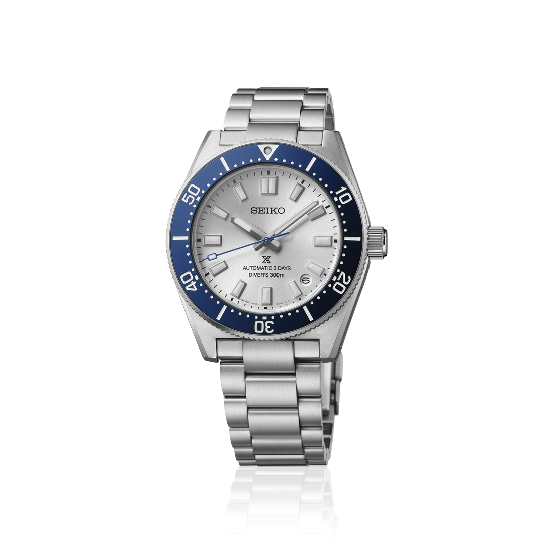Silver-tone stainless steel Seiko Prospex Sea 145th Anniversary Limited Edition Automatic With Manual Winding 40mm Watch with a metallic silver dial, blue bezel, and a date window at the four o’clock position.