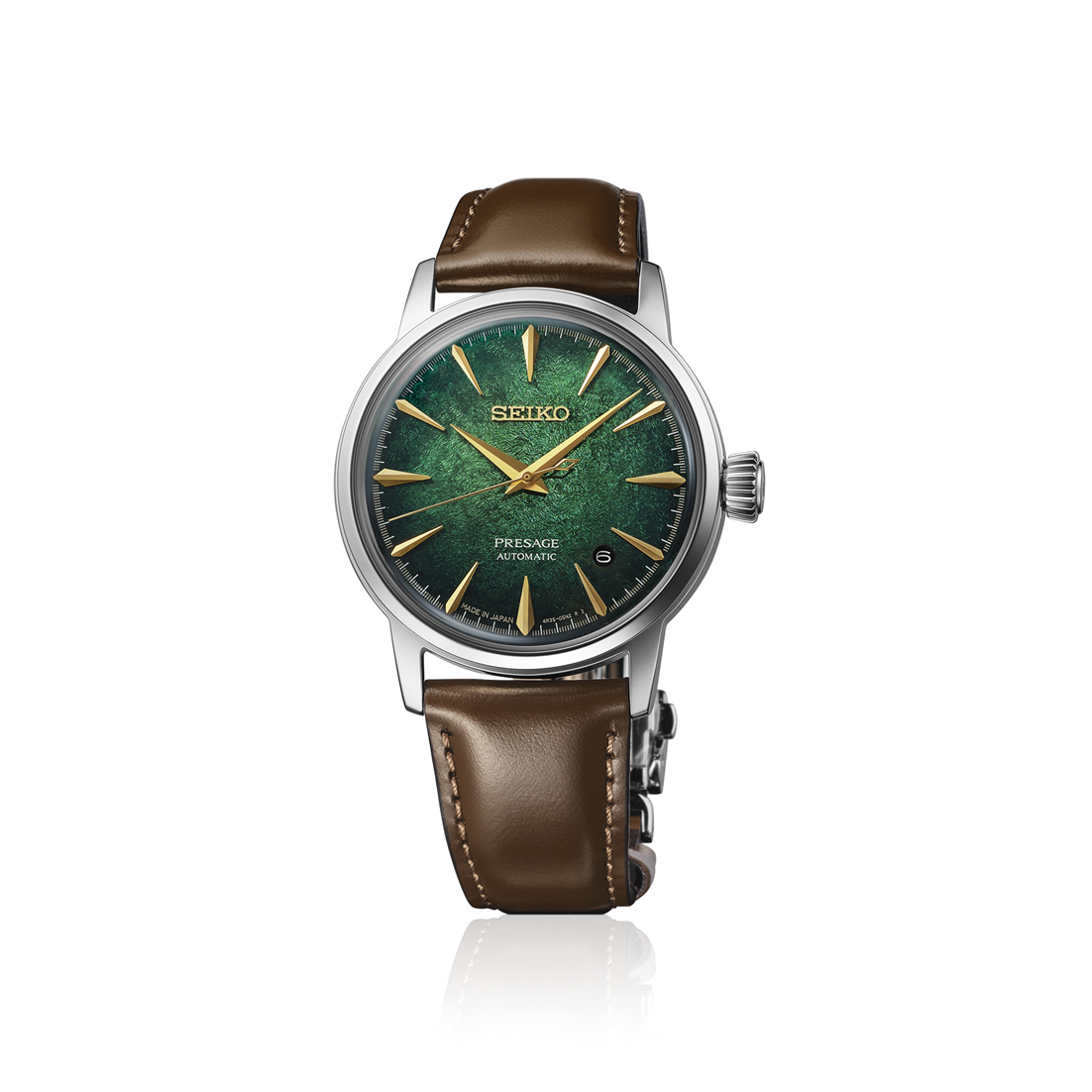 Seiko Presage Cocktail Time Automatic With Manual Winding 38.5mm watch featuring a silver case, textured green dial, gold indices, and a brown leather strap.