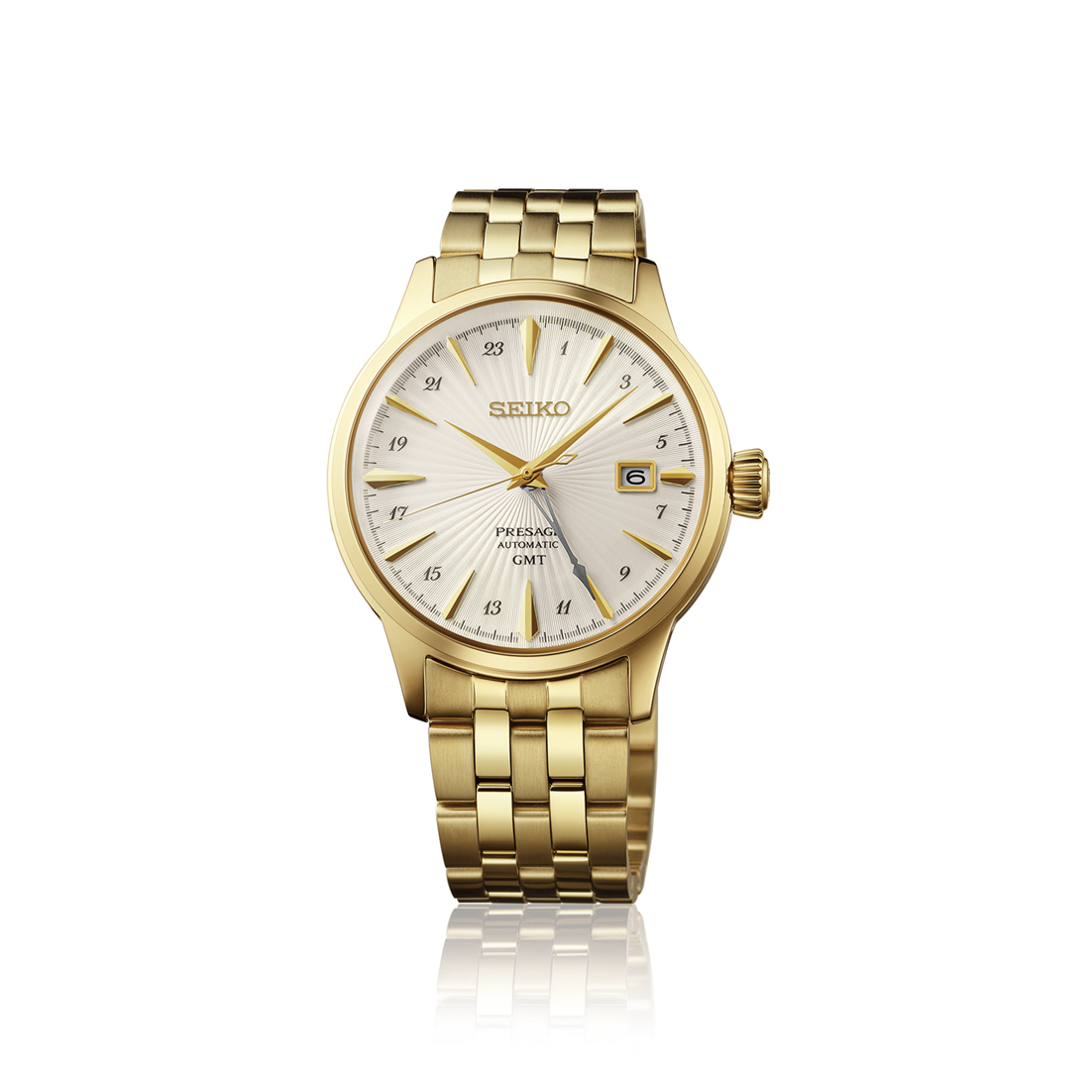 Gold-tone Seiko Presage Cocktail Time GMT Automatic With Manual Winding 40.5mm Watch featuring a textured white dial, a GMT hand, and a date window on a matching gold-tone metal link bracelet.