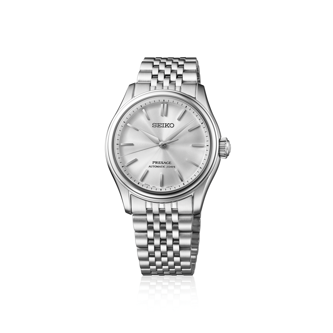 Seiko Presage Classic Series Automatic With Manual Winding 38mm Watch in silver-tone featuring a textured white dial, silver hands and indices, and a multi-link metal bracelet.
