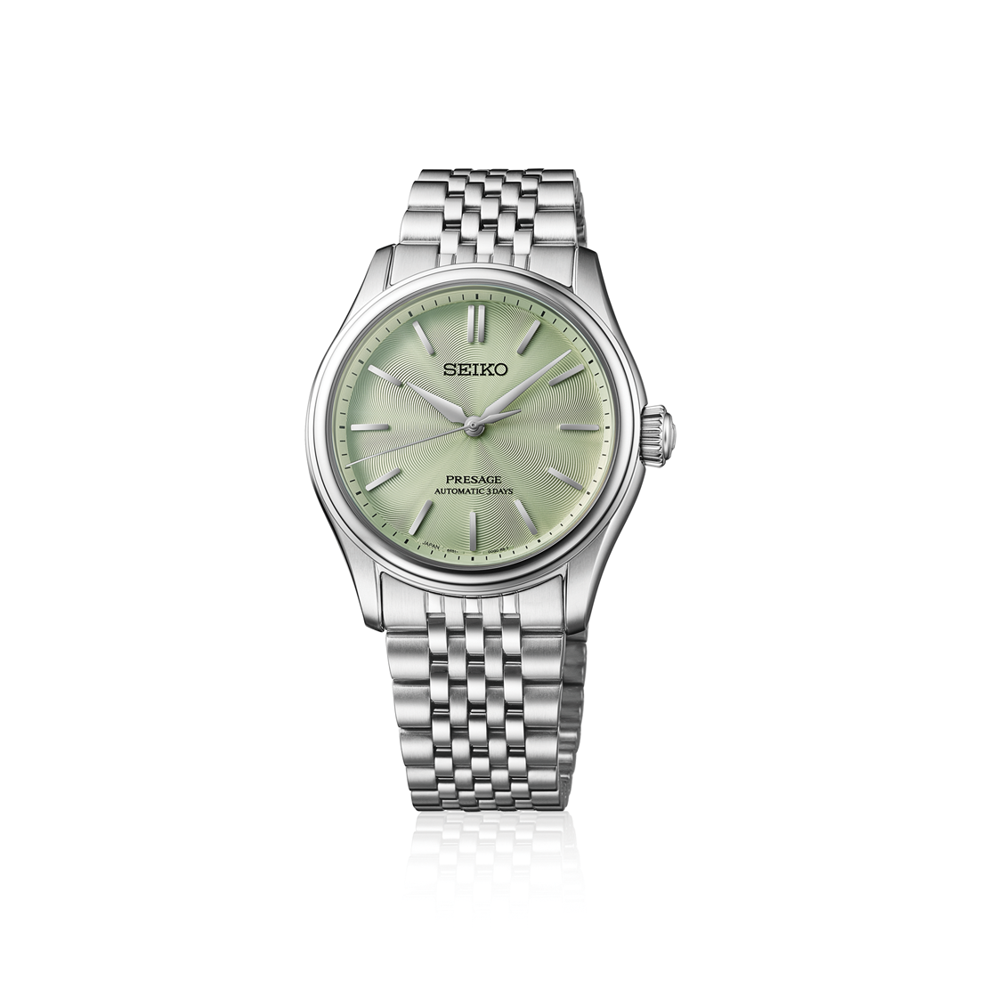 Silver-tone Seiko Presage Classic Series Automatic With Manual Winding 38mm Watch featuring a light green textured dial and a multi-link metal bracelet.
