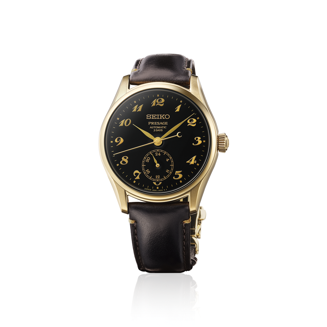 Seiko Presage Classic Series Automatic With Manual Winding 39.6mm watch featuring a gold-tone case, an Urushi lacquer dial with gold numerals, and a dark brown leather strap.