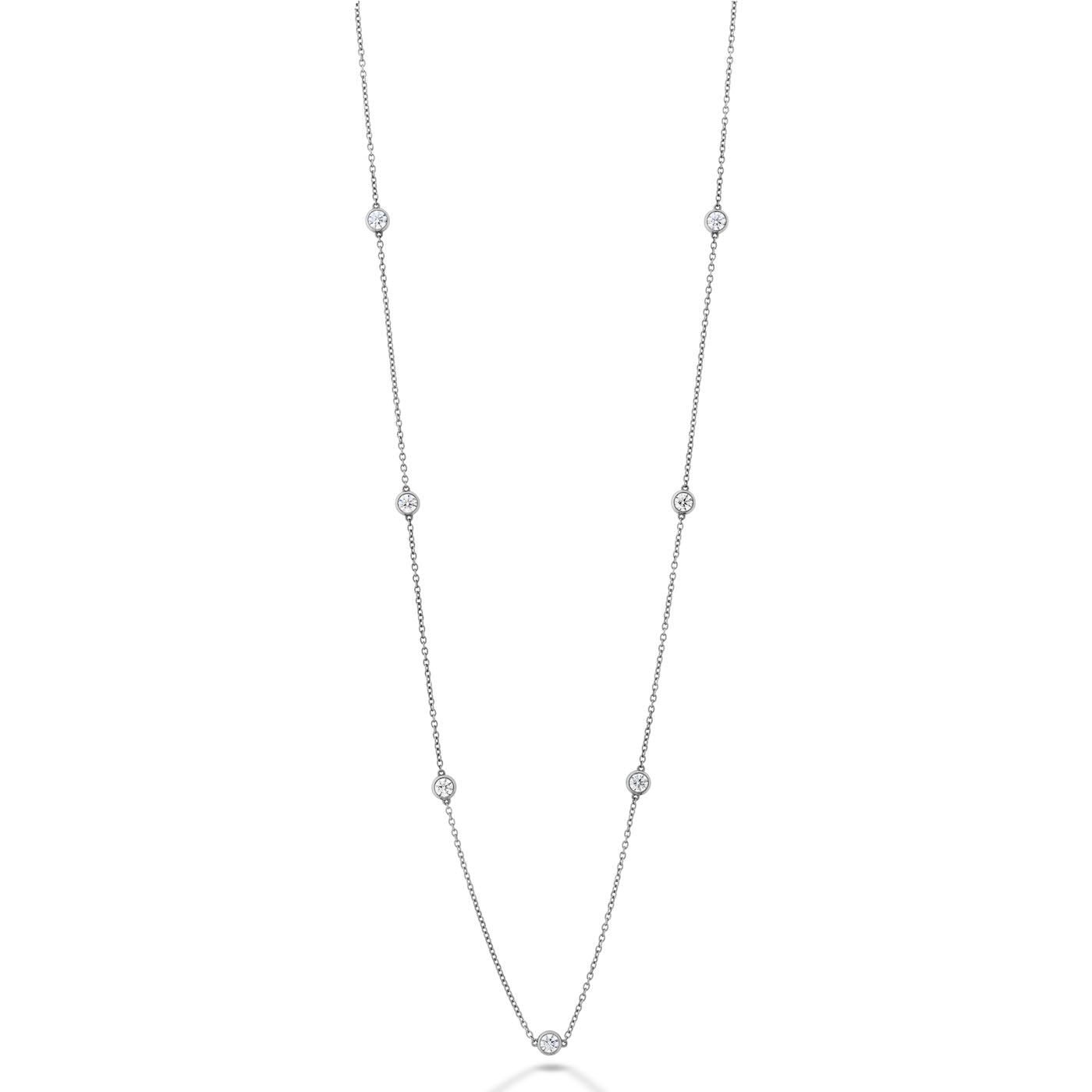 Introducing the Hearts On Fire 18K White Gold Pendant by Hearts on Fire, a graceful white gold creation adorned with evenly spaced small round diamonds along a fine chain. Part of an exquisite jewelry collection, its elegant design beautifully enhances the sparkle of each diamond.
