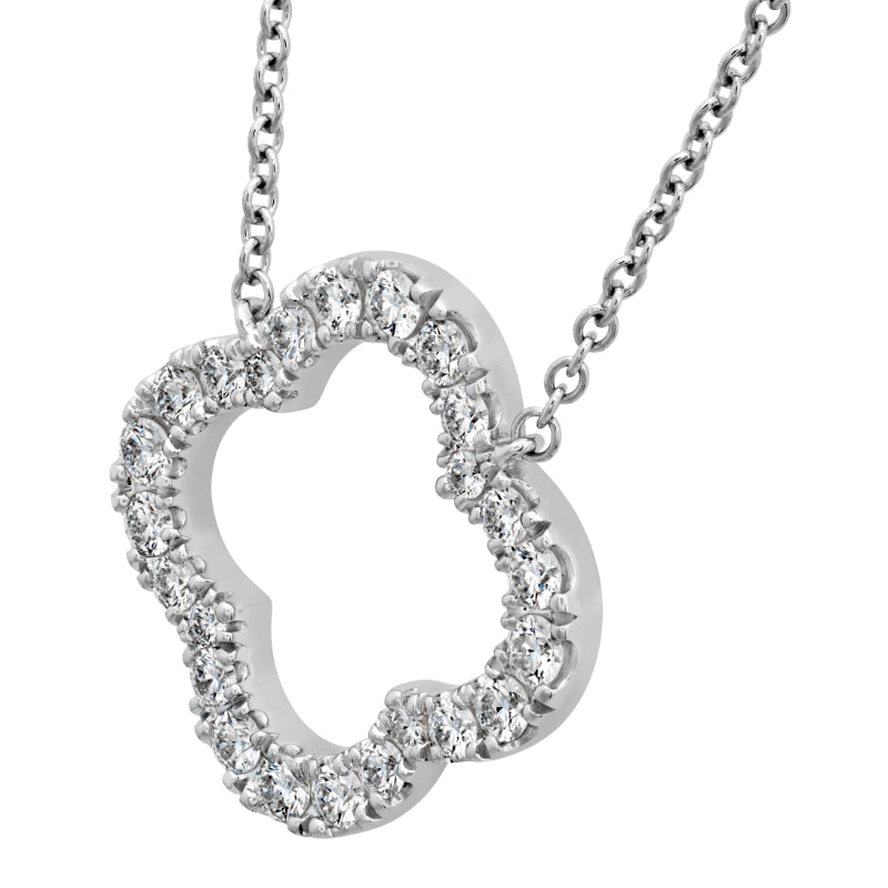 Introducing the breathtaking Hearts On Fire Signature Petal 18K White Gold Pendant, a masterpiece from the celebrated Hearts On Fire collection. This exquisite pendant showcases a clover shape encrusted with delicate, sparkling diamonds, elegantly suspended on a delicate chain.