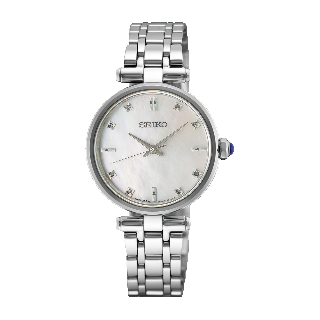 Seiko Essentials Quartz 29mm Watch in silver-tone stainless steel with a mother-of-pearl dial, diamond hour markers, and a link bracelet.