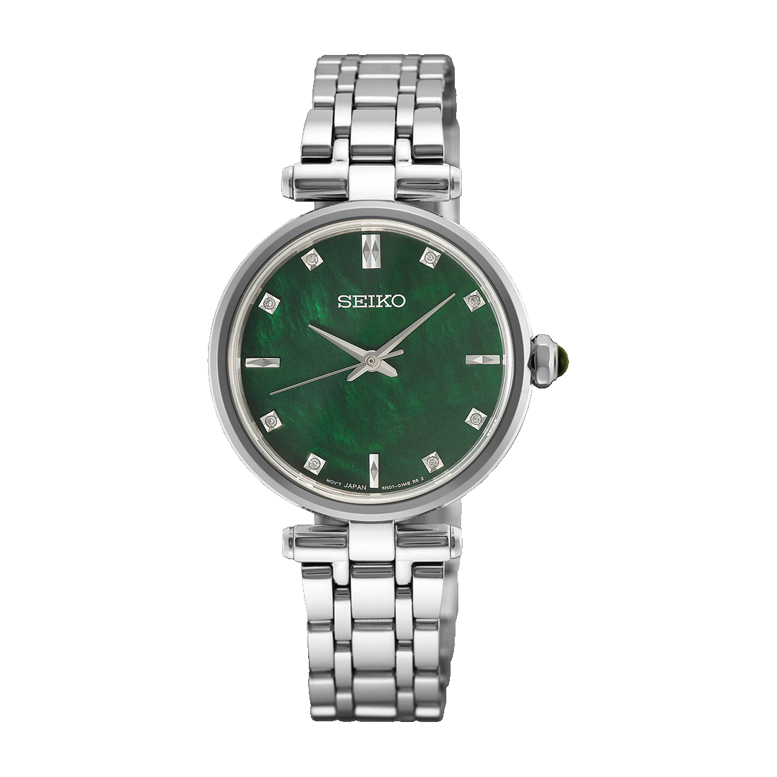 Seiko Essentials Quartz 29mm Watch in silver-tone stainless steel, featuring a dark green dial, diamond-style hour markers, and a multi-link metal bracelet.