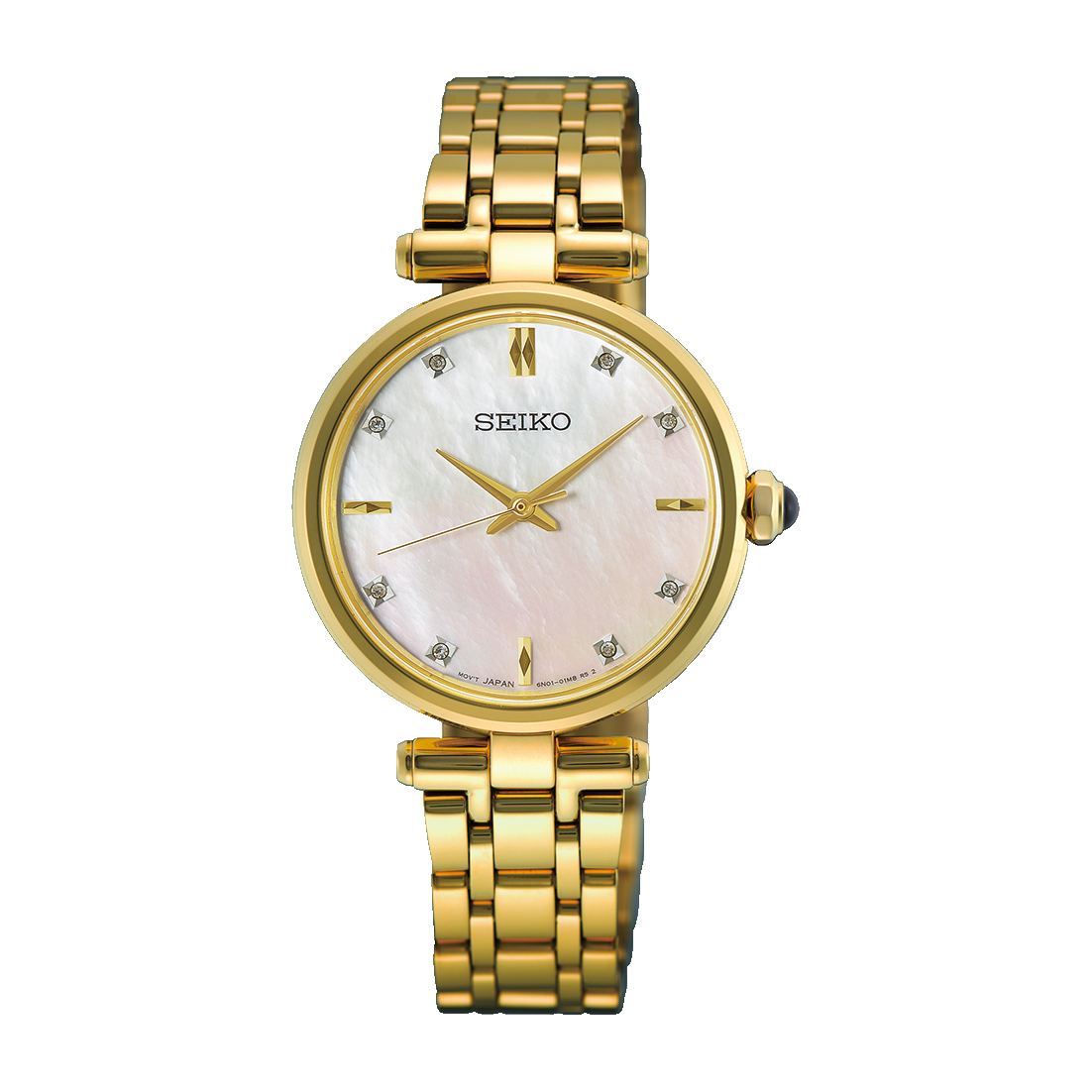 Gold-tone Seiko Essentials Quartz 29mm Watch with a mother-of-pearl dial, diamond indices, and a stainless steel quartz link bracelet.