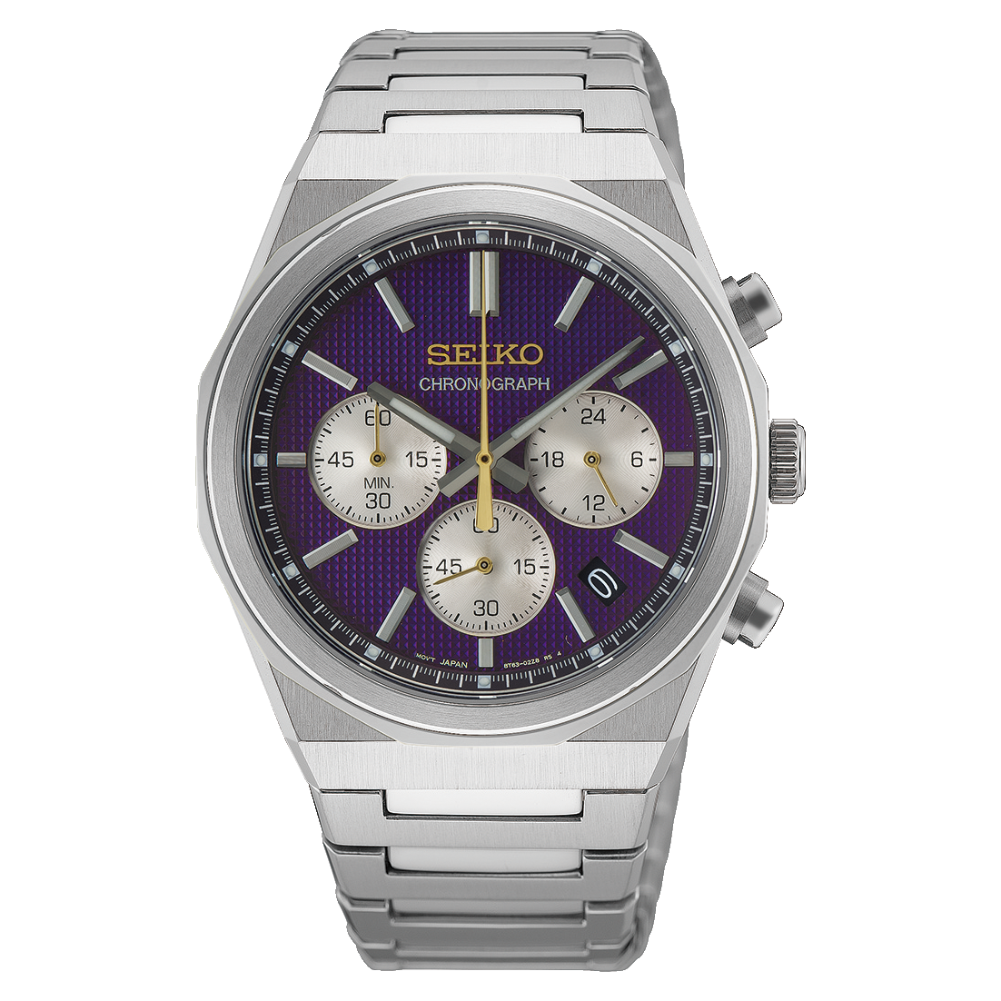 Seiko Essentials 145th Anniversary Limited Edition Quartz 40mm Watch with a metallic silver band, purple textured dial, and three white sub-dials.