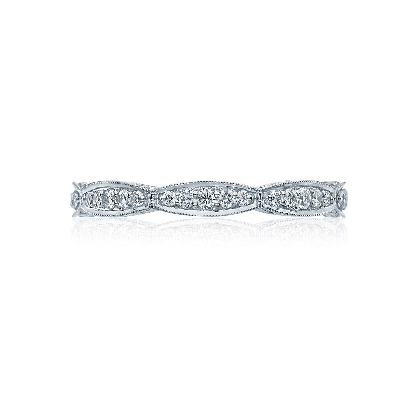 The Tacori Classic Crescent RoyalT Platinum Ring showcases a refined design with a band adorned by small diamonds set in an intricate milgrain pattern. The marquise shapes form elegant clusters, evoking a vintage charm reminiscent of classic crescent styles, making it an ideal choice for diamond engagement rings. Displayed against a plain white background, the ring exudes timeless sophistication.