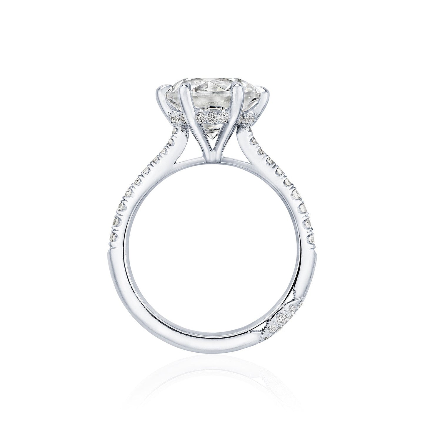 Side view of the Tacori Founder's Collection RoyalT Platinum engagement ring, featuring a stunning round brilliant diamond solitaire in a prong setting. The band is elegantly embellished with small diamonds, enhancing the intricate detailing of this exceptional piece, ideal for those in search of sophisticated engagement rings.