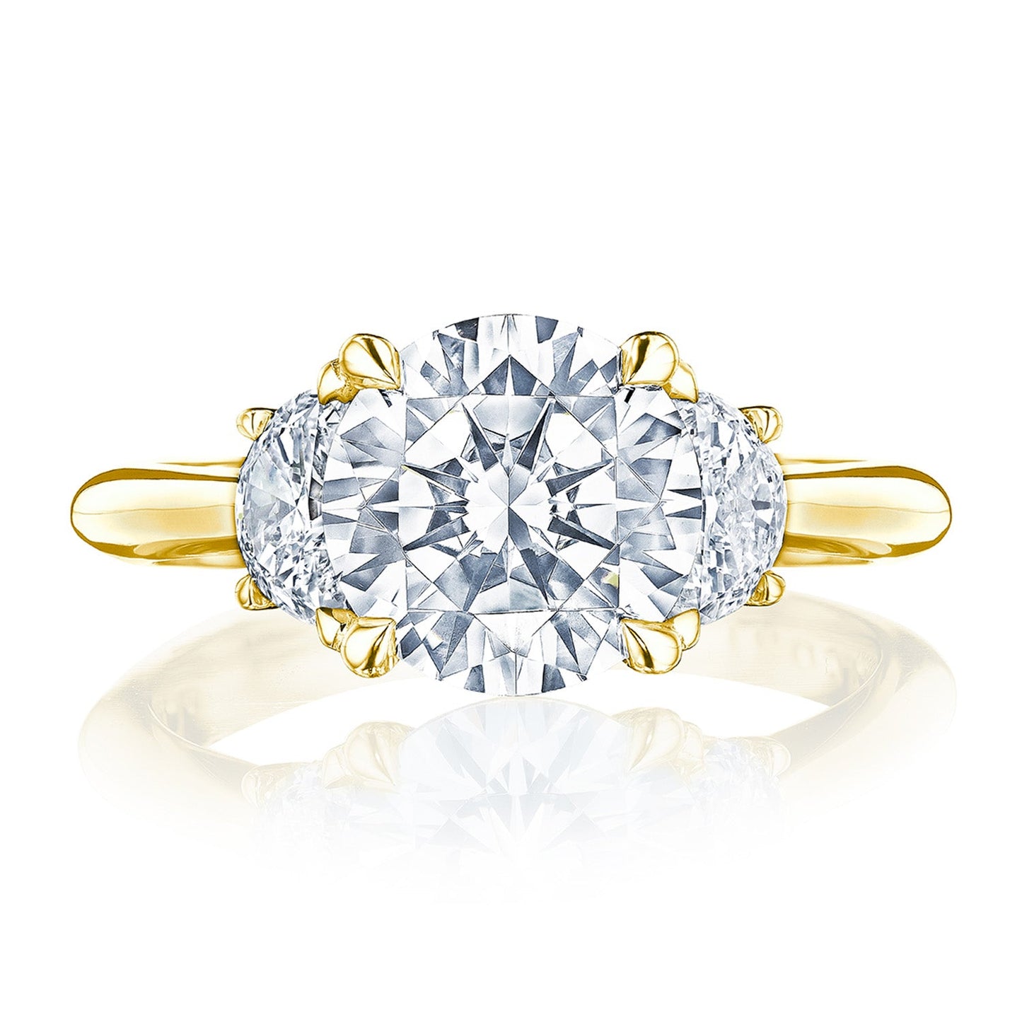 The Tacori Founder's Collection RoyalT ring is a stunning 18K yellow gold three-stone semi-mount, featuring a brilliant round diamond at the center, complemented by two beautiful half-moon diamond side stones.
