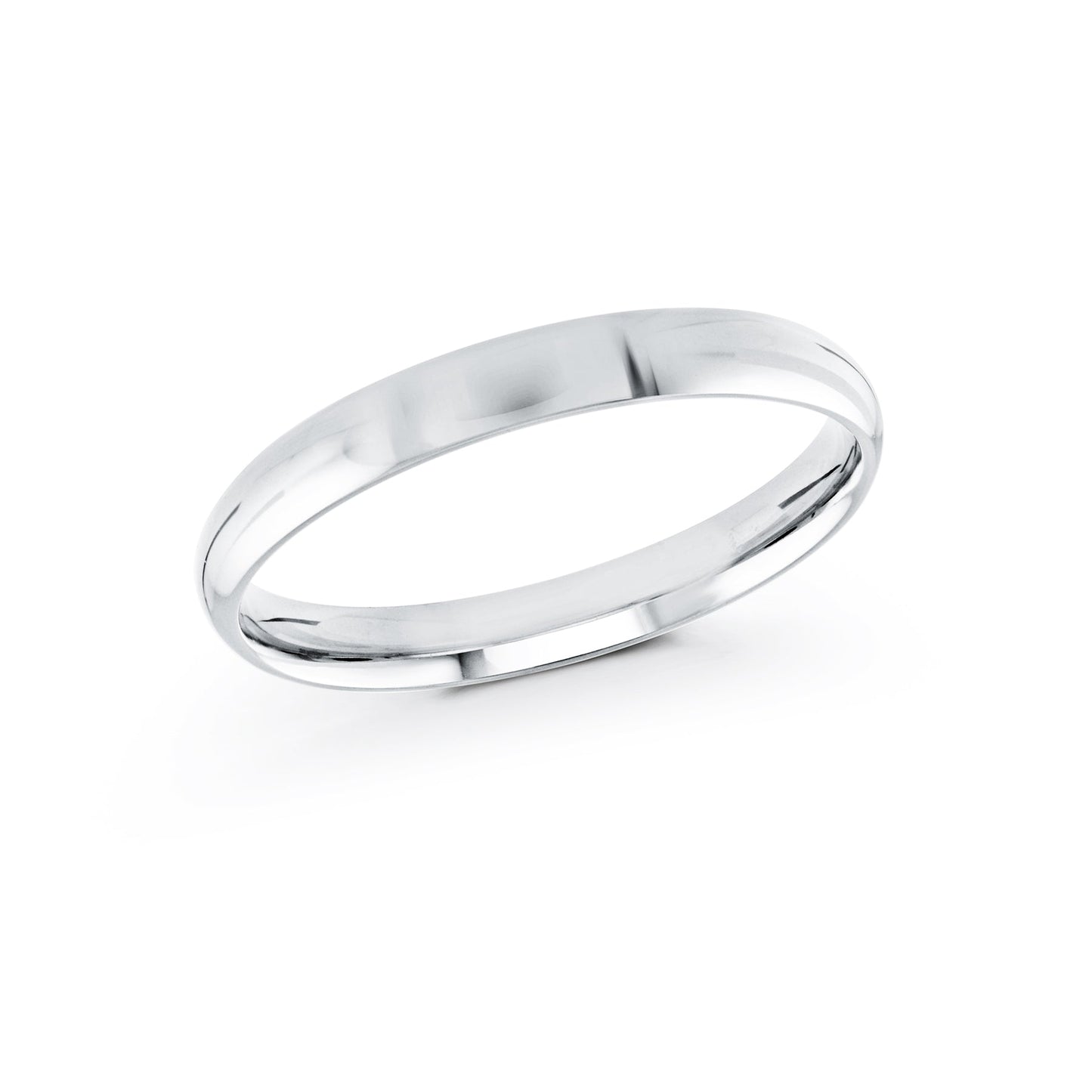 The Malo 10K White Gold 3mm Wedding Band by Malo, featuring a simple and polished design with a smooth surface, is showcased against a white background. This 10 karat ring boasts a classic rounded shape along with a reflective finish and is available in size 8.