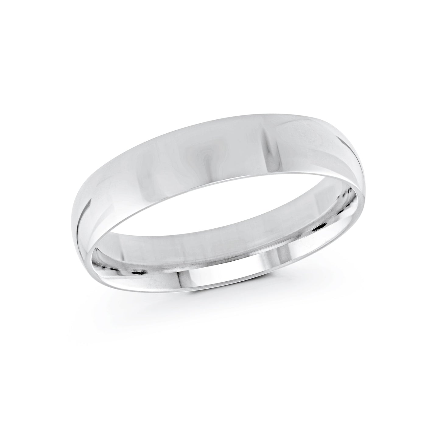 A refined Malo 10K White Gold 5mm wedding band, showcasing a sleek surface, set against a white background.