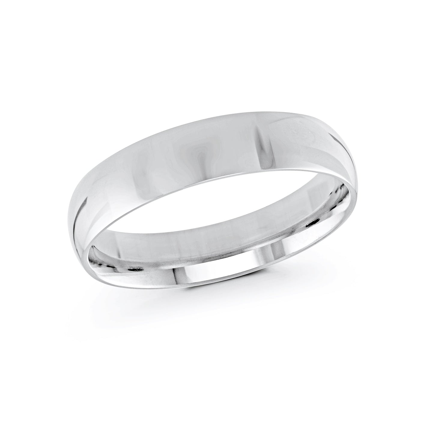 This 10K white gold wedding band from Malo, featuring a sleek and polished surface with a timeless design, is set against a white background.