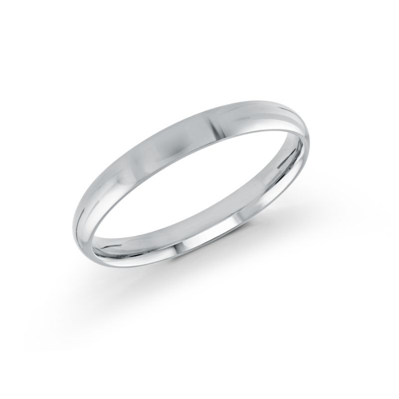 Introducing the Malo Polished 10K White Gold Wedding Band, crafted by Malo, this elegant piece boasts a sleek and simple design. Its smooth finish and thin style are enhanced against a white background, showcasing its reflective surface and minimalist charm.