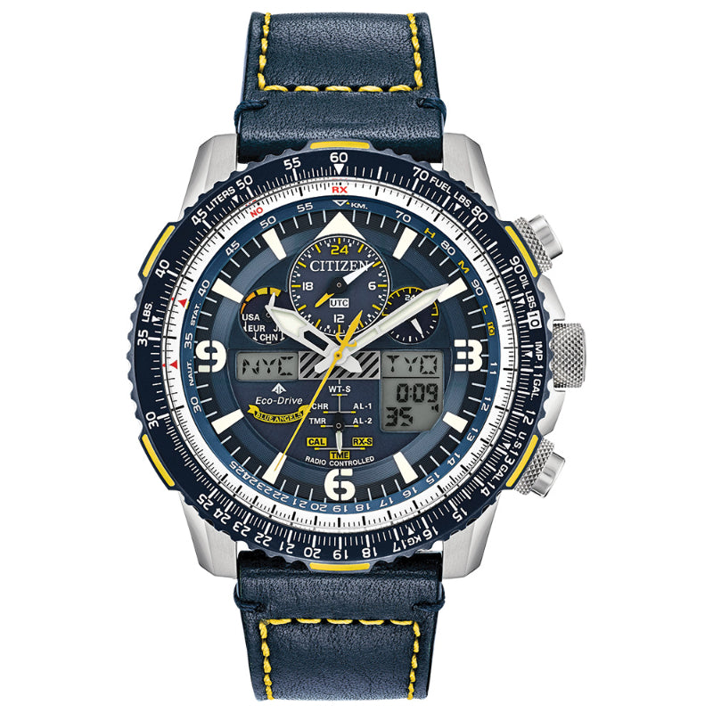 The CITIZEN Promaster Skyhawk A-T Atomic Time Keeping Eco-Drive 45mm Watch showcases Eco-Drive technology and a sophisticated black face adorned with multiple dials and digital displays. Paying homage to the Blue Angels, it includes a blue leather strap with yellow stitching, complemented by silver side buttons and markings for various time zones and measurements.