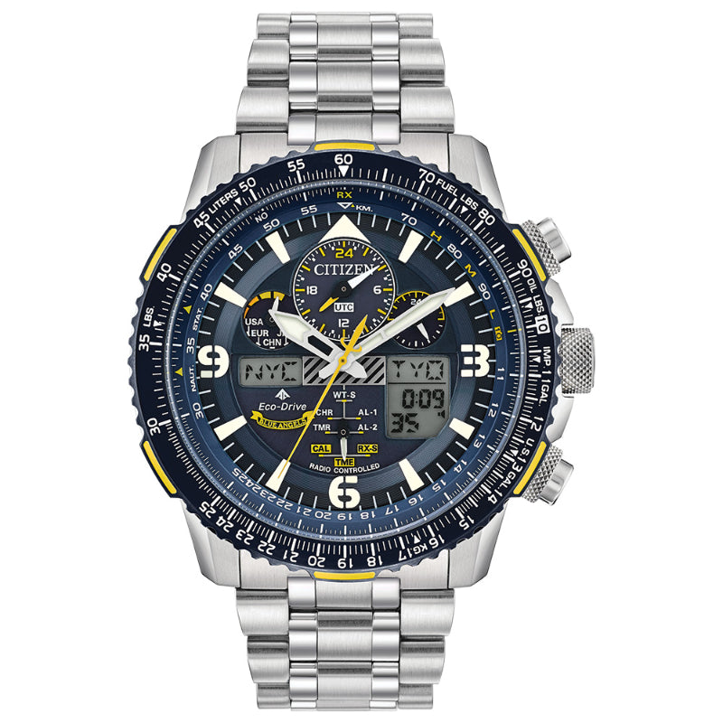 The CITIZEN Blue Angels Promaster Skyhawk A-T Eco-Drive 45mm Watch is a sophisticated timepiece featuring a silver metal strap and a multifunctional face with both digital and analog displays. It offers the convenience of various time zone settings, adjustable buttons, and atomic timekeeping technology inspired by the Blue Angels.