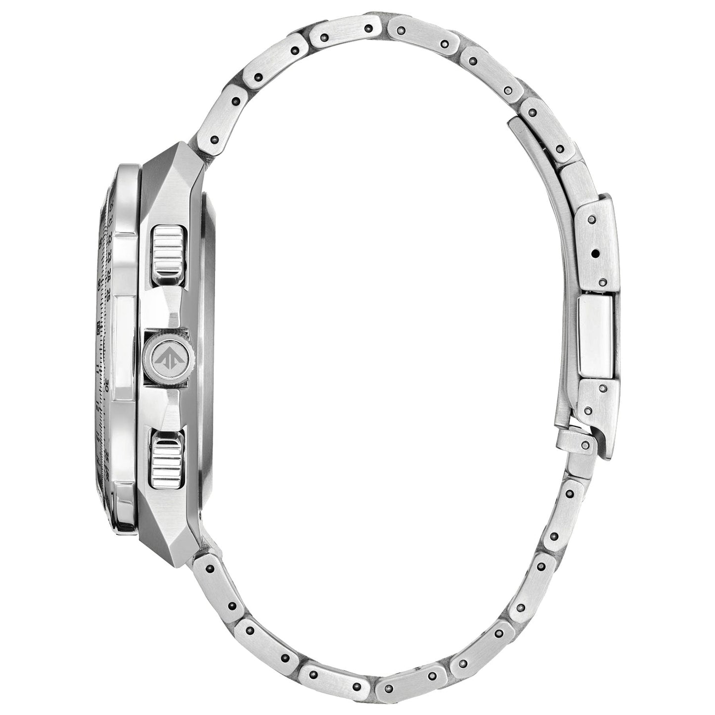 Angled view of the CITIZEN Promaster Skyhawk A-T Eco-Drive 46mm Watch in stainless steel, featuring its metal bracelet and crown control buttons. This watch from CITIZEN presents a sleek, modern design with atomic timekeeping synchronization, a textured bezel, and a clasp fastening.