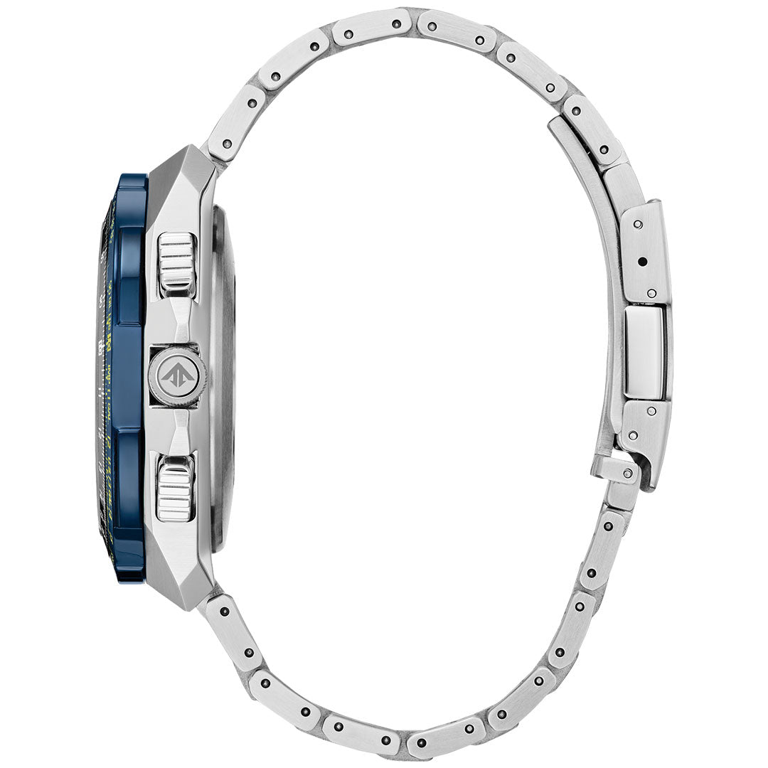 Side view of the CITIZEN Promaster Skyhawk A-T Eco-Drive 46mm Watch, featuring a silver metal band with clasp, blue bezel inspired by Blue Angels, and silver buttons and crown; watch face not visible. Brand: CITIZEN.
