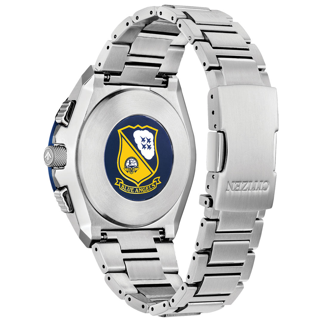 Back view of the CITIZEN Promaster Skyhawk A-T Eco-Drive 46mm Watch shows the Blue Angels crest engraved on its stainless steel case back. Features include a metal link band and a bold clasp.