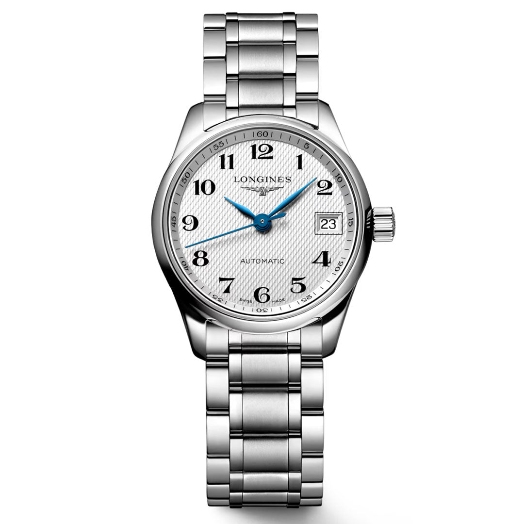 The Longines Master Collection Automatic 25.5mm Watch by Longines features a silver-tone design with a white textured dial, striking blue hands, black Arabic numerals, a date window at 3 o’clock, and a stainless steel bracelet—capturing refined elegance and timeless craftsmanship in every detail.