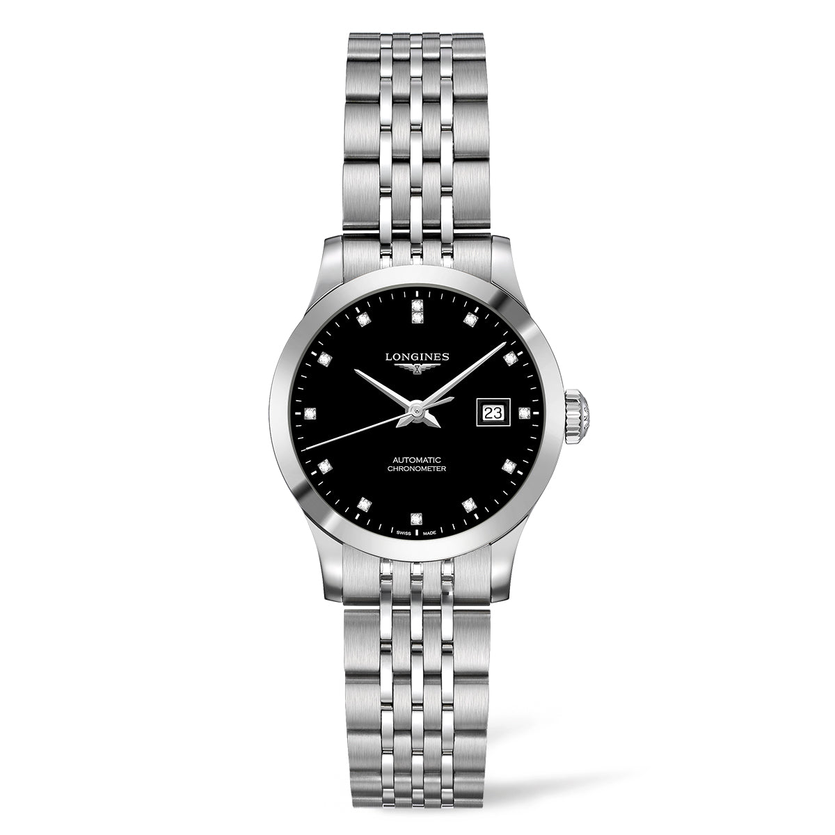 The Longines Record Automatic 30mm Watch features a stainless steel case, black dial with silver markers and hands, COSC-certified automatic movement, date window at 3 o’clock, and a silver metal link bracelet.