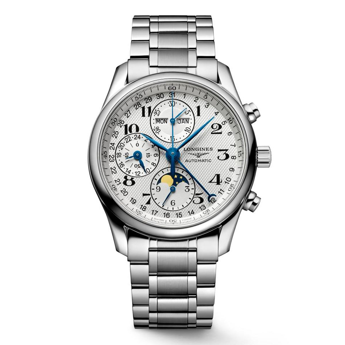 The Longines Master Collection Automatic Chronograph 40mm Watch features a detailed face with subdials displaying the day, month, and a 24-hour clock. It showcases Arabic numerals on the main dial along with a moon phase indicator. Accompanied by a metal link band and three side buttons, this silver wristwatch from Longines embodies traditional watchmaking craftsmanship.