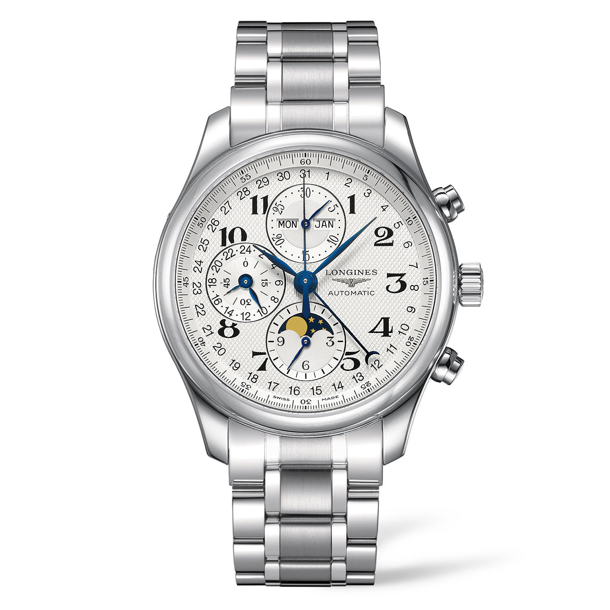 The Longines Master Collection Automatic Chronograph 42mm Watch from Longines features a silver stainless steel design with a white dial and multiple sub-dials. It showcases black numerals, blue hands, a moon phase display, and day-date indicators, all encapsulated in an elegant metal link band.