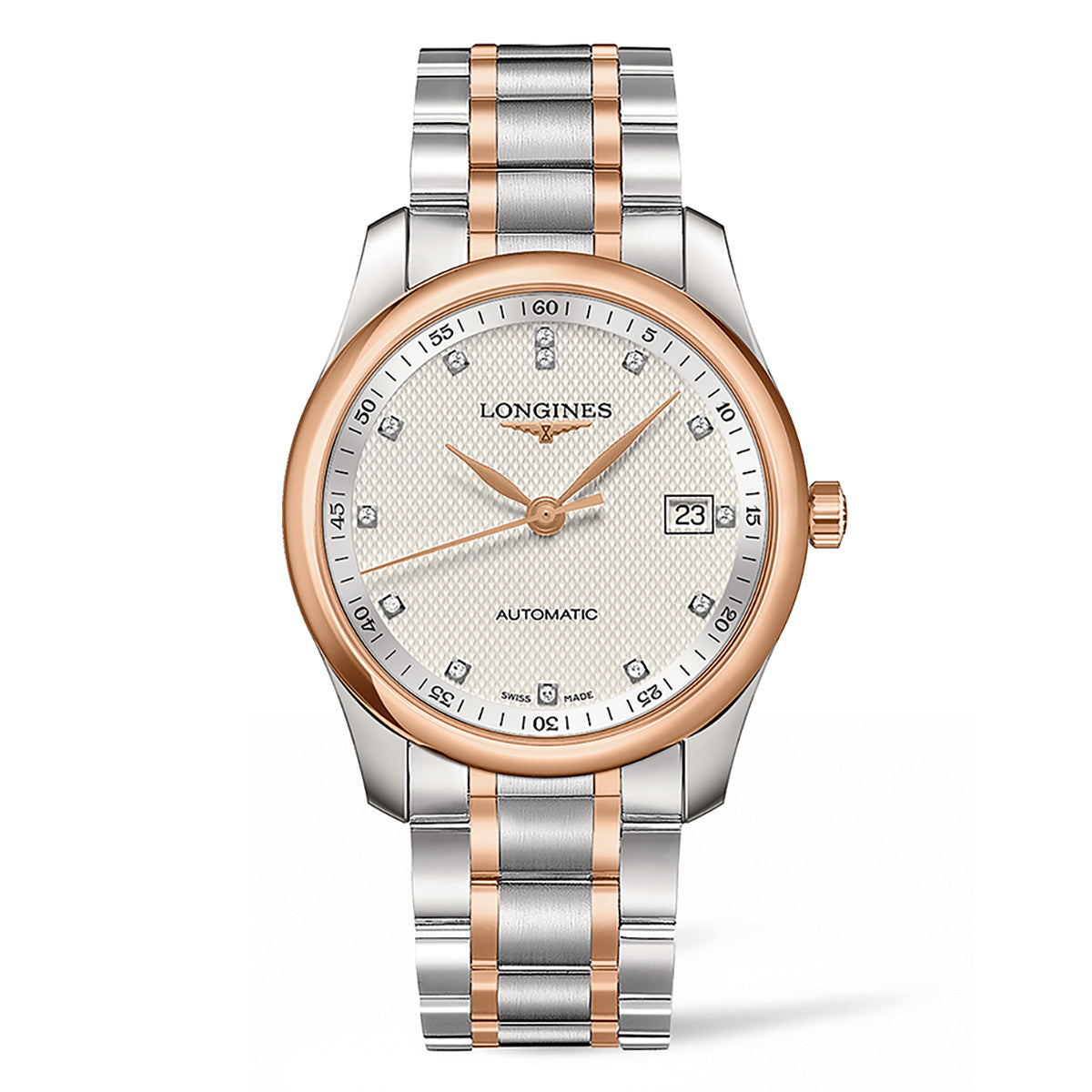 The Longines Master Collection Automatic 40mm Watch showcases a silver and rose gold metal band, embodying traditional watchmaking. Its round face features a textured silver dial with rose gold hour markers and includes a date display at the 3 o'clock position, placing it among exceptional timepieces.