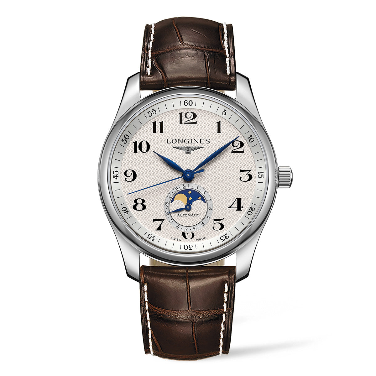 The Longines Master Collection Automatic Moonphase 40mm Watch by Longines boasts a pristine white face with Arabic numerals, complemented by blue hands and a moon phase display positioned at six o'clock. Its silver-toned case is elegantly matched with a brown leather strap, featuring white stitching, exemplifying classic watchmaking sophistication.