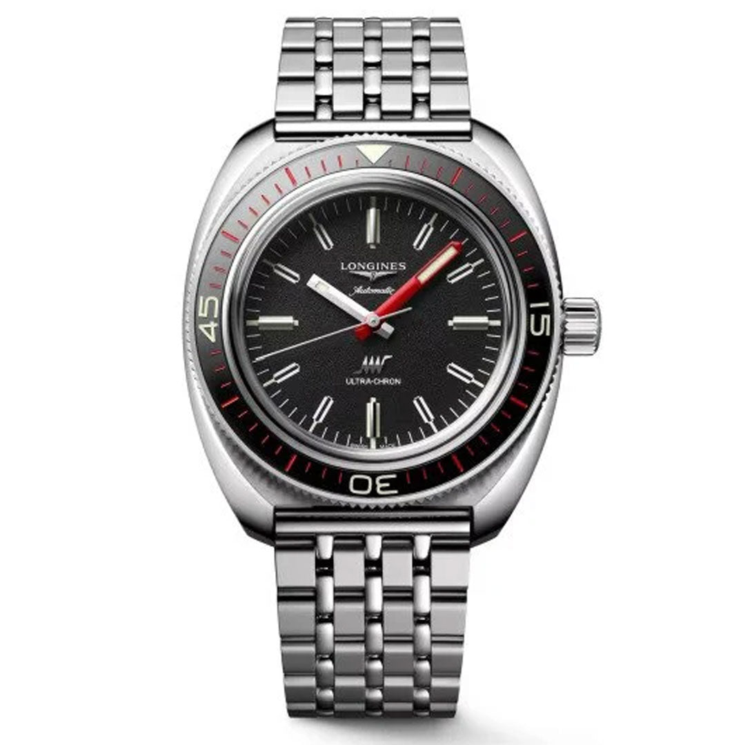 The Longines Ultra-Chron Box Edition Automatic 43mm Watch features a silver link band, black dial with red and white accents, silver hour markers, and vintage diver heritage, highlighted by its high-frequency calibre.