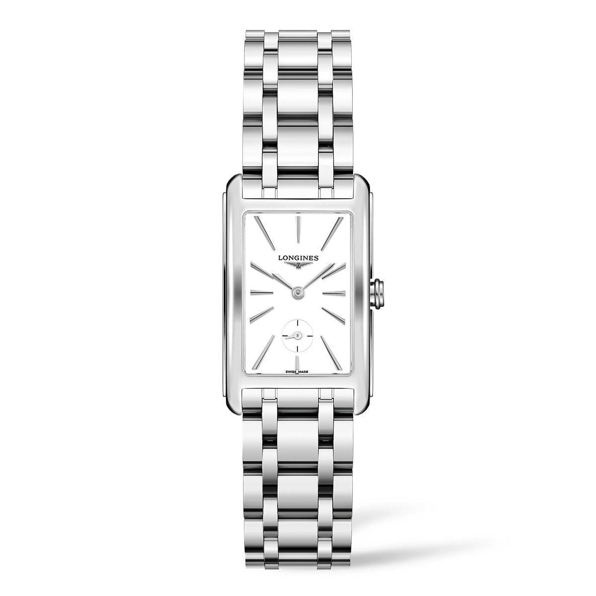 The Longines Dolcevita Quartz 23.3 x 37mm Watch by Longines showcases a sleek silver rectangular design with a metal link bracelet. Its white face is elegantly detailed with silver hour and minute markers, complemented by a smaller subdial positioned at 6 o'clock for an added touch of elegance.