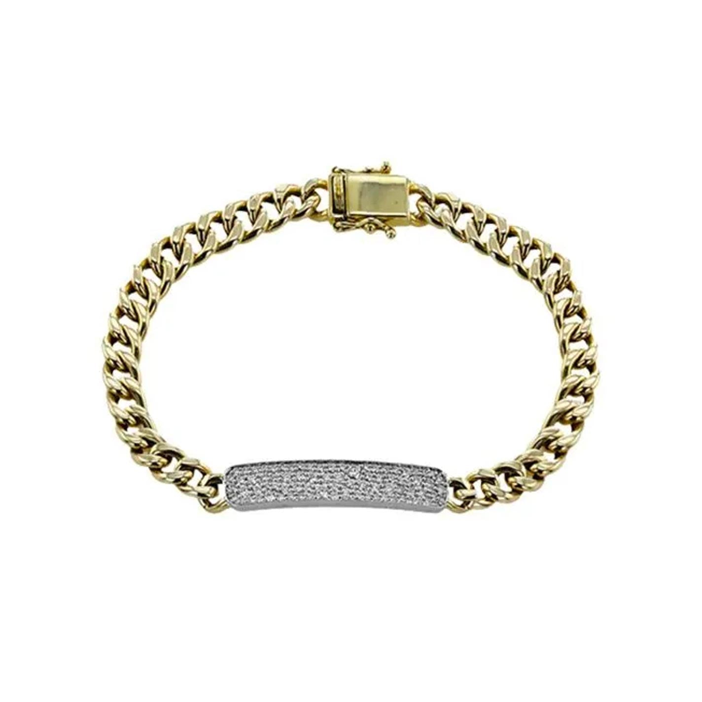 The Simon G. 18K White and Yellow Gold Diamond Chain Link ID Bracelet is a stylish piece featuring a rectangular, textured silver plate in the center and a secure clasp closure. This elegant two-tone bracelet from Simon G showcases chain link detail for an exquisite look.