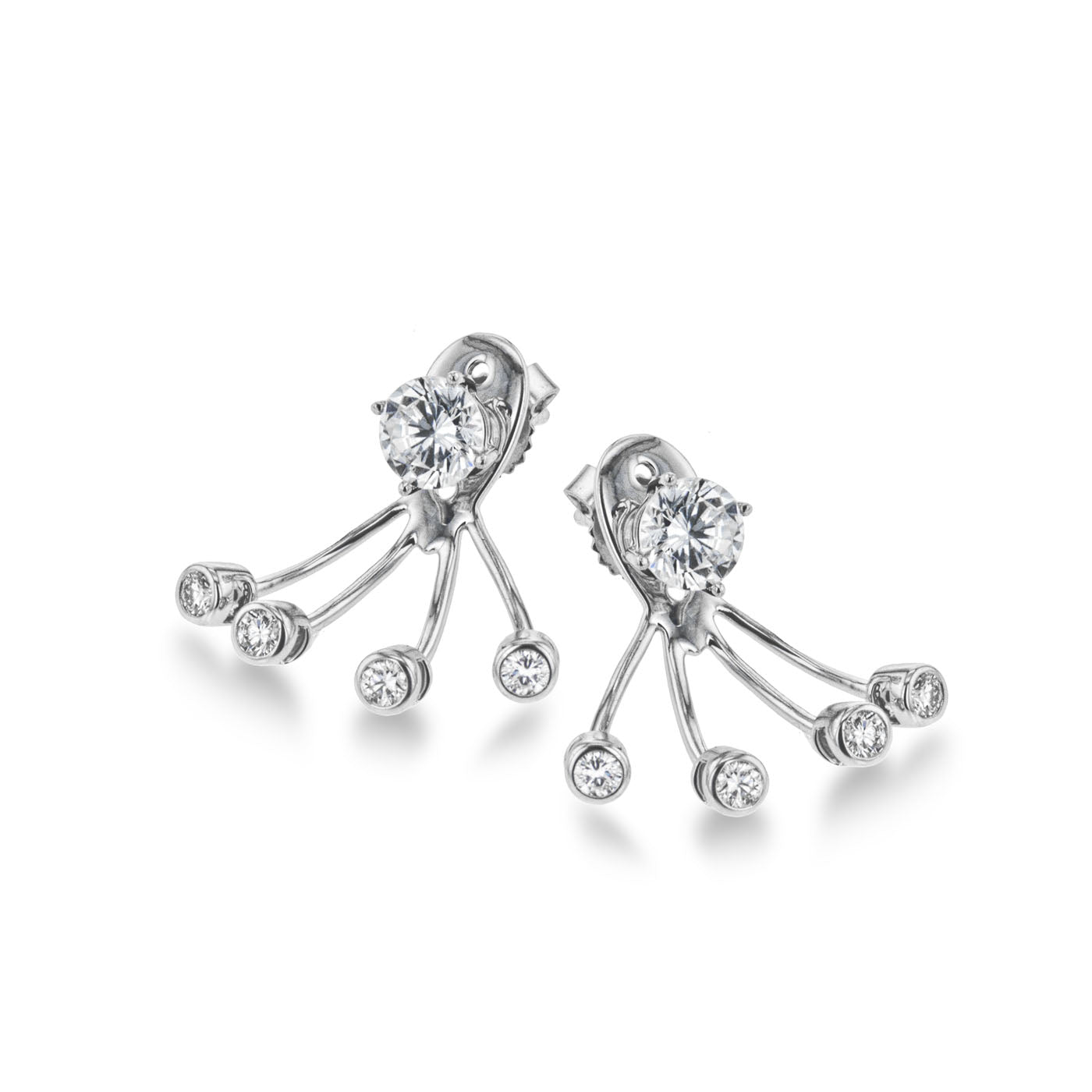 Discover the breathtaking Simon G. 18K White Gold Diamond Earring Enhancers, featuring a contemporary design with multiple curved stems that culminate in small, round, clear diamonds to form an exquisite starburst pattern. Each stem is adorned with a single gem and topped with a larger brilliant stone.