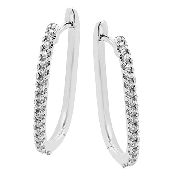 A pair of Simon G. 18K White Gold Diamond Hoop Earrings featuring a sleek, modern design with elegant silver hoops encrusted with small, sparkling white gemstones, beautifully displayed against a pristine white background.