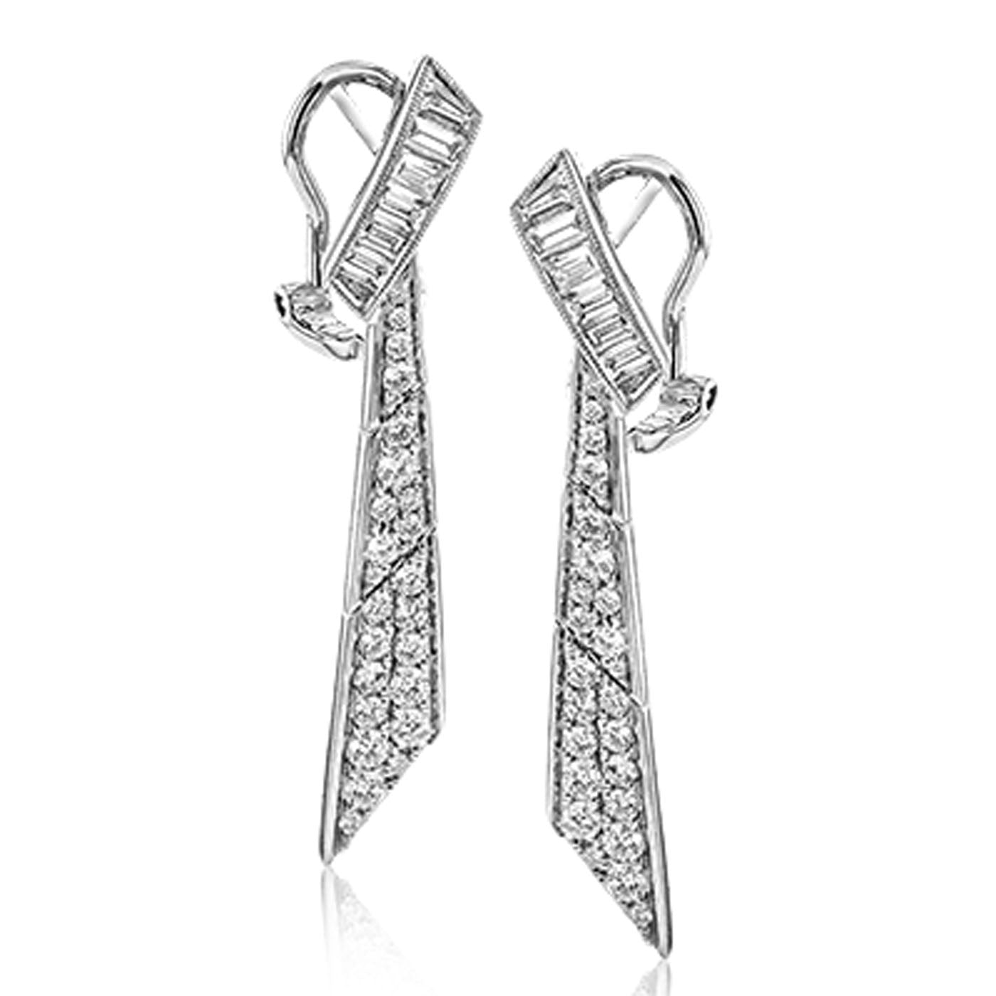The Simon G. 18K White Gold Geometric Drop Earrings by Simon G feature an angular design adorned with small diamonds.