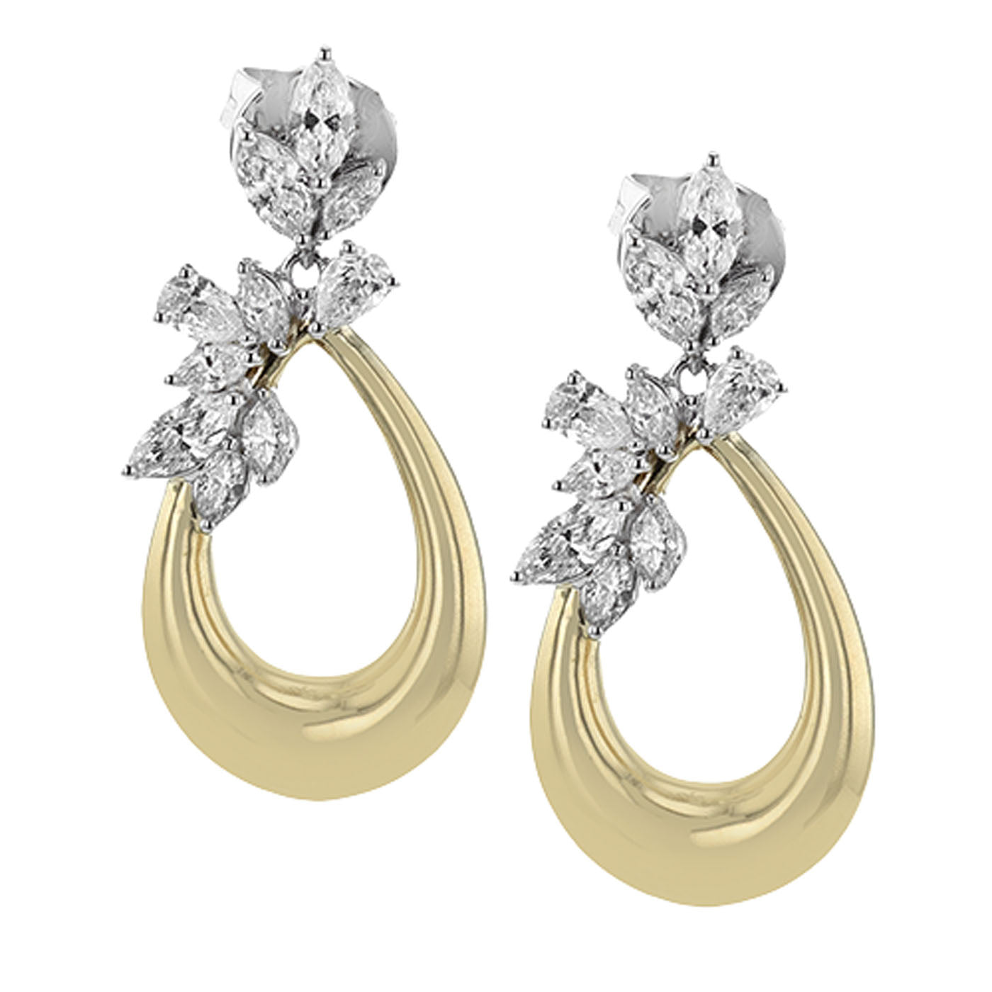 The Simon G. 18K Yellow and White Gold Diamond Hoop Earrings by Simon G feature elegant teardrop-shaped gold loops, adorned with clusters of sparkling, leaf-like white gemstones at the top.