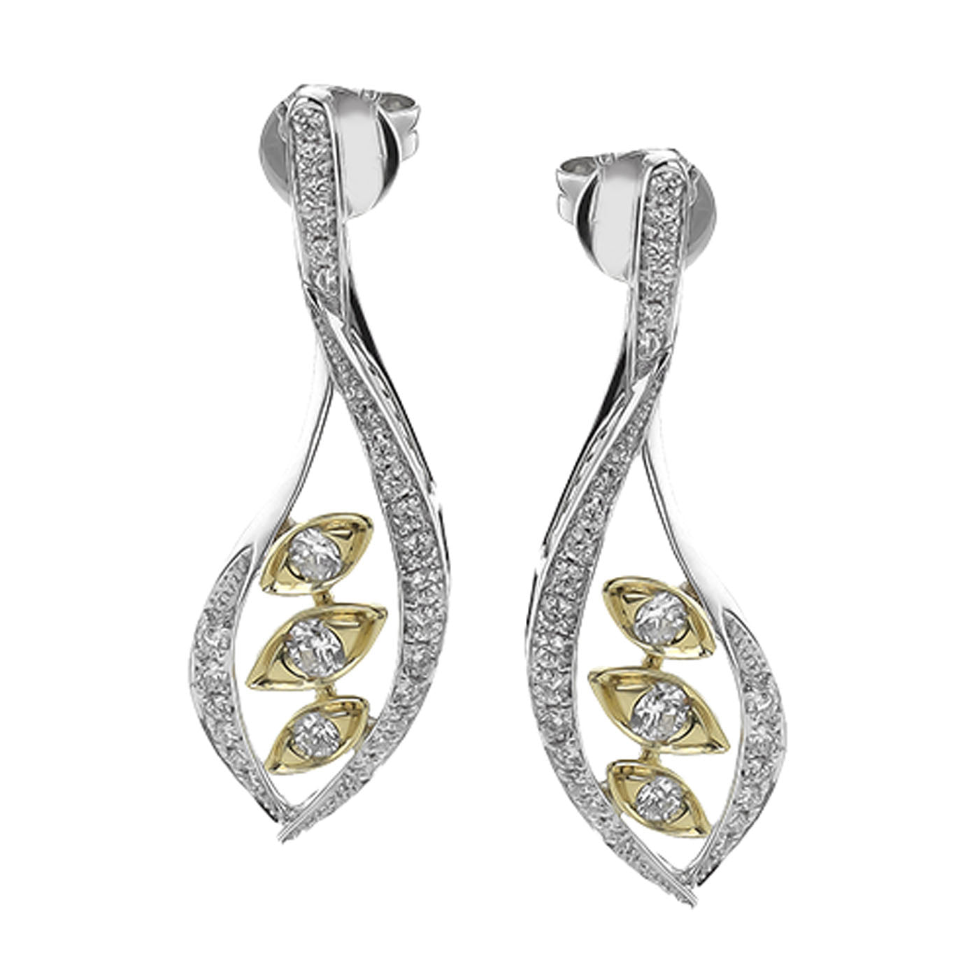 Explore the stunning Simon G. 18K White Gold Diamond Drop Earrings, a sophisticated pair featuring a graceful silver curved design embellished with small round diamonds. Each earring showcases three gold leaf motifs, each beautifully adorned with a diamond.