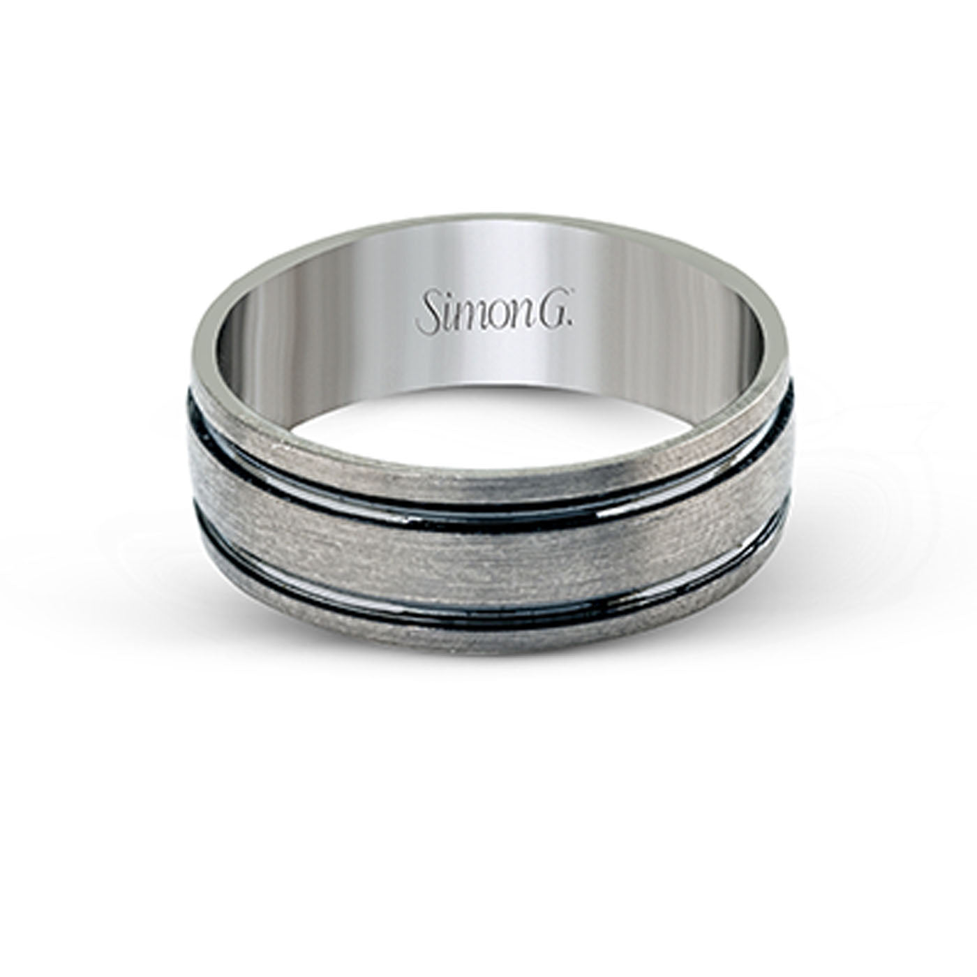 Introducing the Simon G. 14K White Gold Men's Ring Band, a masterpiece of elegance and craftsmanship by Simon G. This exquisite wedding band is crafted from brushed 14K white gold, accented with two black horizontal grooves for a striking contrast. Its interior shines with a polished silver finish, encapsulating timeless elegance and superior artistry.