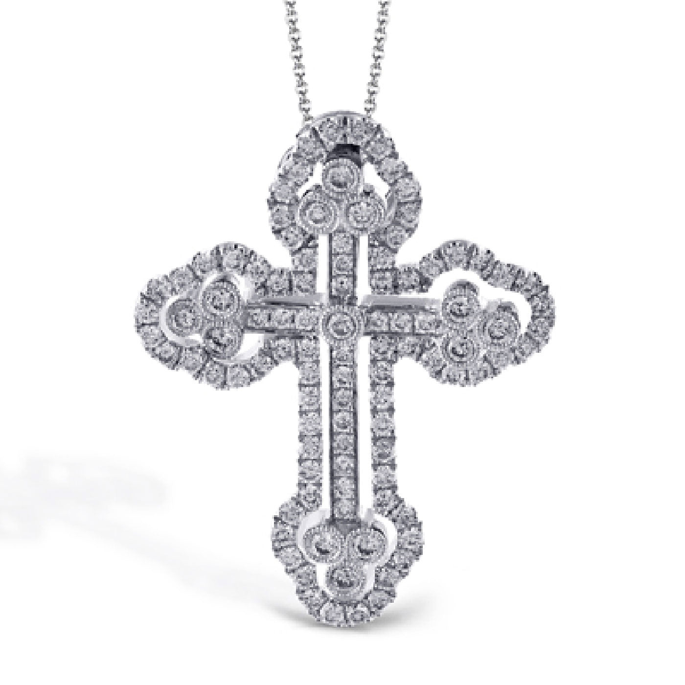 The Simon G. 18K White Gold Diamond Cross Necklace Pendant showcases a classic motif with ornate detailing, featuring round white diamonds arranged in alternating clusters along the edges and inner sections of its intricate design.