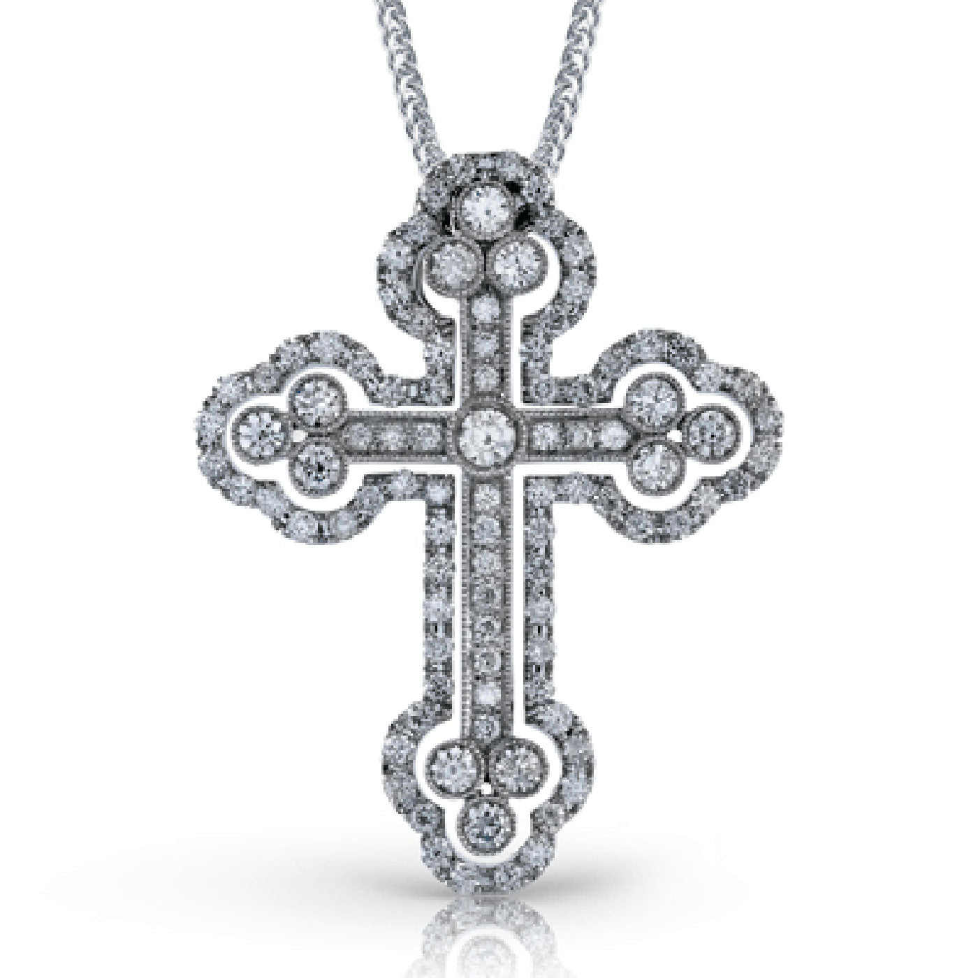 The Simon G. 18K White Gold Diamond Cross Necklace Pendant, crafted by Simon G, showcases intricate Gothic style patterns adorned with white diamonds, elegantly suspended from a sleek silver chain.