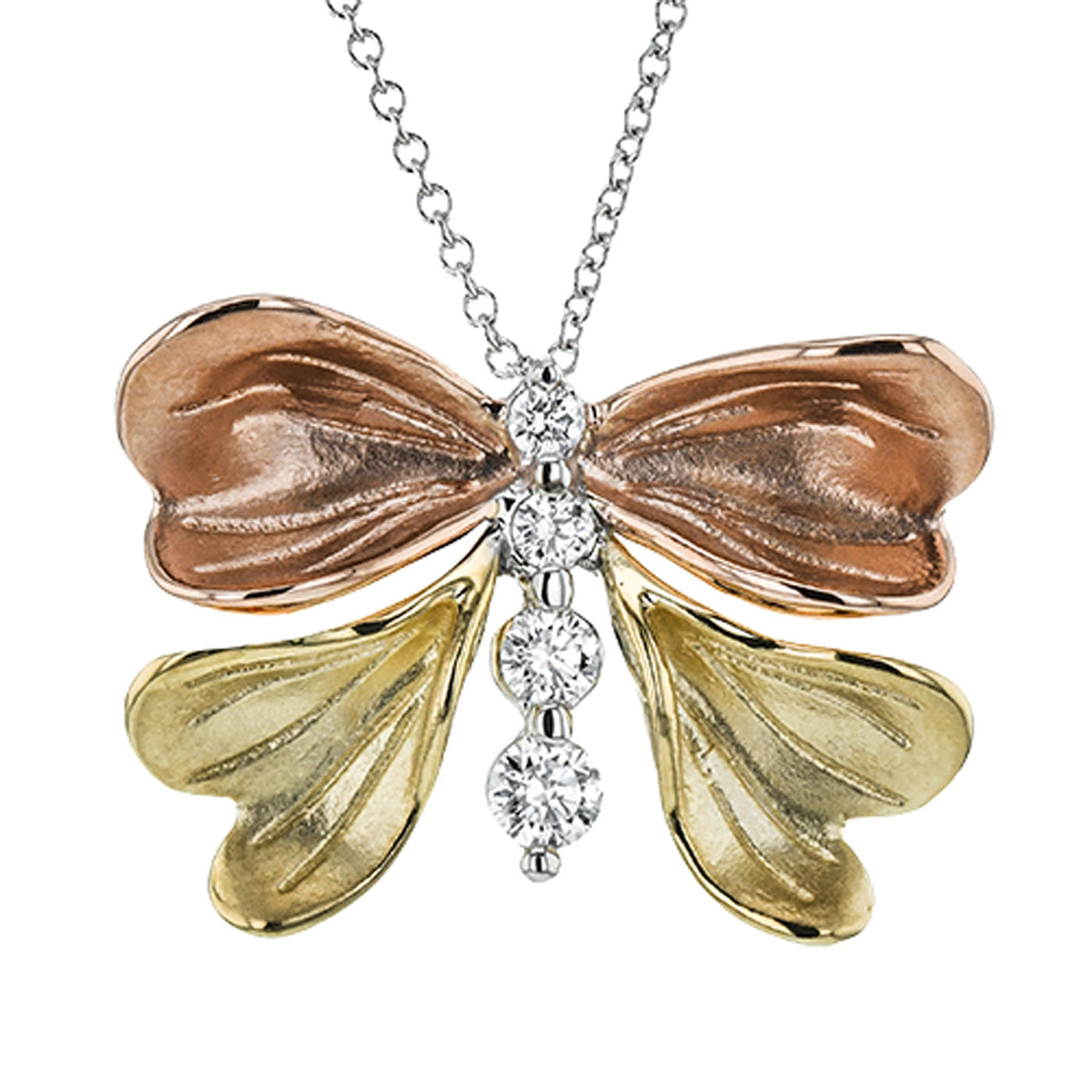 Unveil the exquisite Simon G, 18K Multi-Colour Gold Diamond Necklace Pendant, a butterfly-shaped creation by Simon G. Made from 18-karat gold, it showcases silver and rose-toned metallic wings embellished with three dazzling round diamonds at its core, all gracefully hanging on a fine silver chain.
