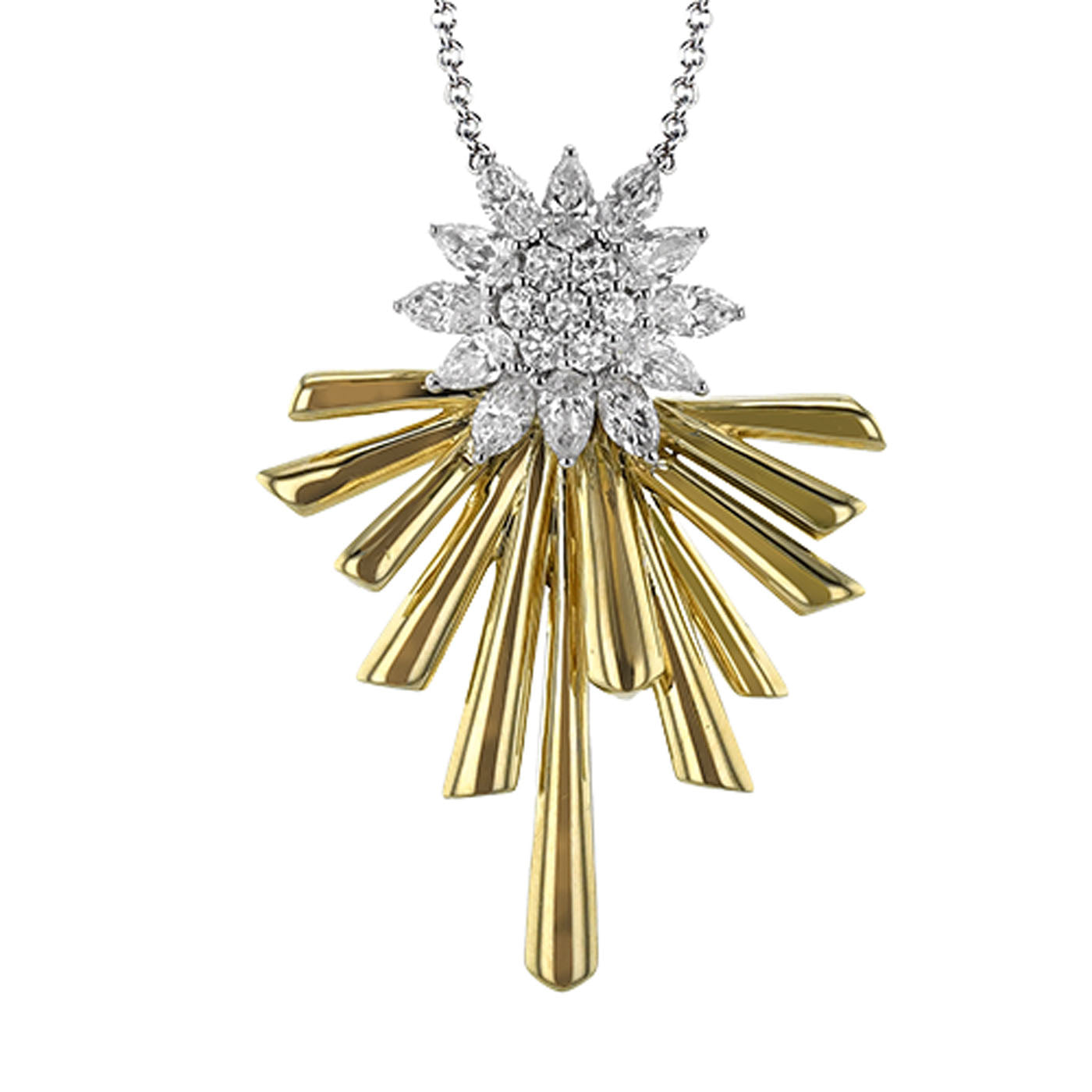 The Simon G. 18K Yellow Gold Diamond Necklace Pendant features a radiant starburst design with a central cluster of sparkling white gemstones, surrounded by fan-like rays of 18 Karat Yellow Gold. This combination of gold and gemstones offers an elegant and luxurious appearance.