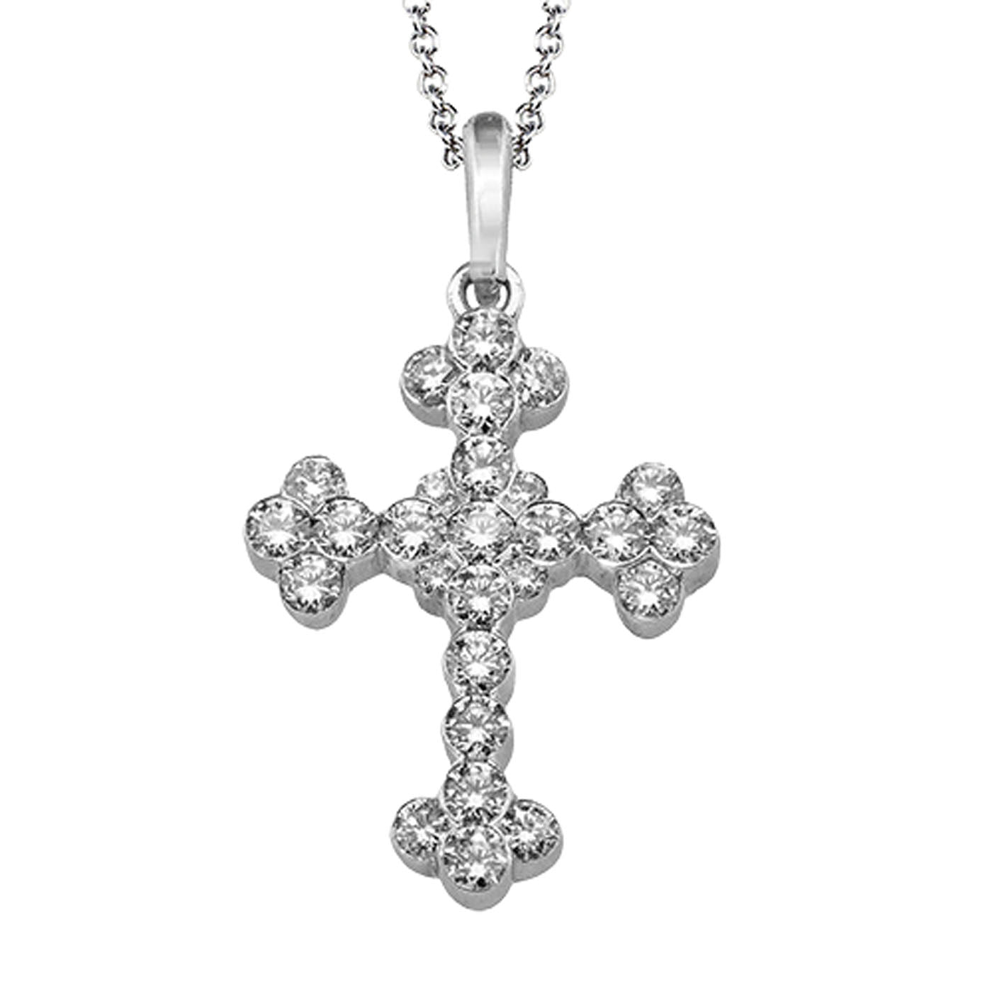 The Simon G. Cross 18K White Gold Diamond Necklace Pendant, adorned with shimmering diamonds, elegantly suspends from an exquisite white gold chain, showcasing timeless sophistication.