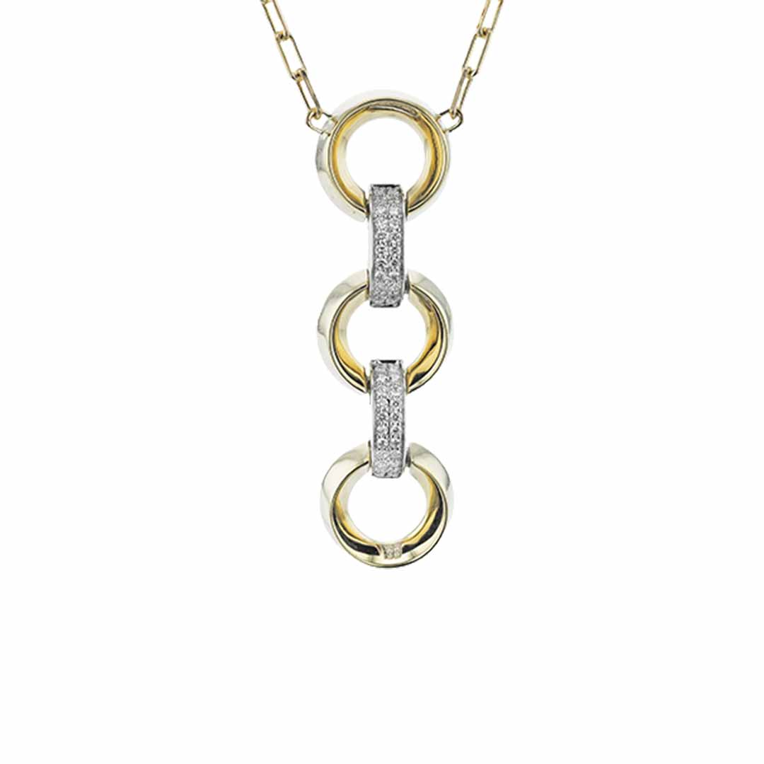 Explore the Simon G. 18K Yellow Gold Diamond Necklace Pendant featuring an elegant chain accented by three interconnected pendants. Each circle alternates between gold and silver tones, with the silver sections embellished with diamonds for a sophisticated sparkle.
