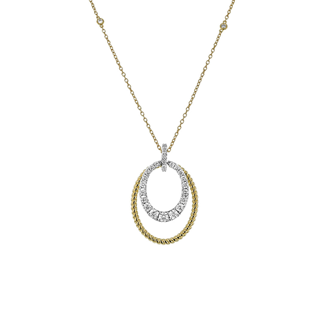 The Simon G. 18K White and Yellow Gold Diamond Necklace Pendant features two interlocking ovals—one twisted yellow gold, the other white gold adorned with sparkling round diamonds.