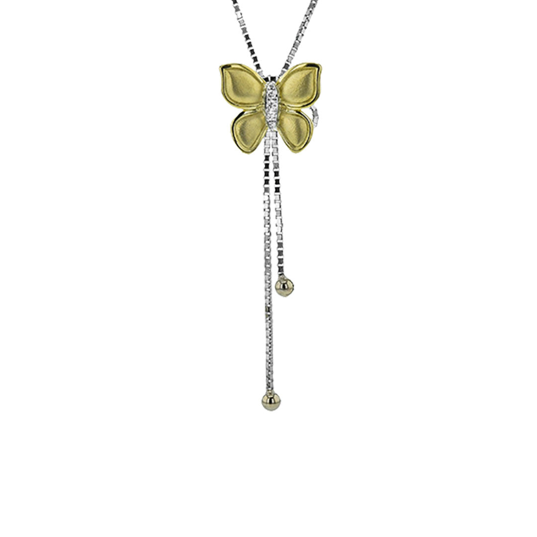 The Simon G. 18K White and Yellow Gold Diamond Butterfly Lariat Necklace features a jeweled butterfly pendant with gold-toned wings and a silver body, accented by two slender silver chains with round beads.