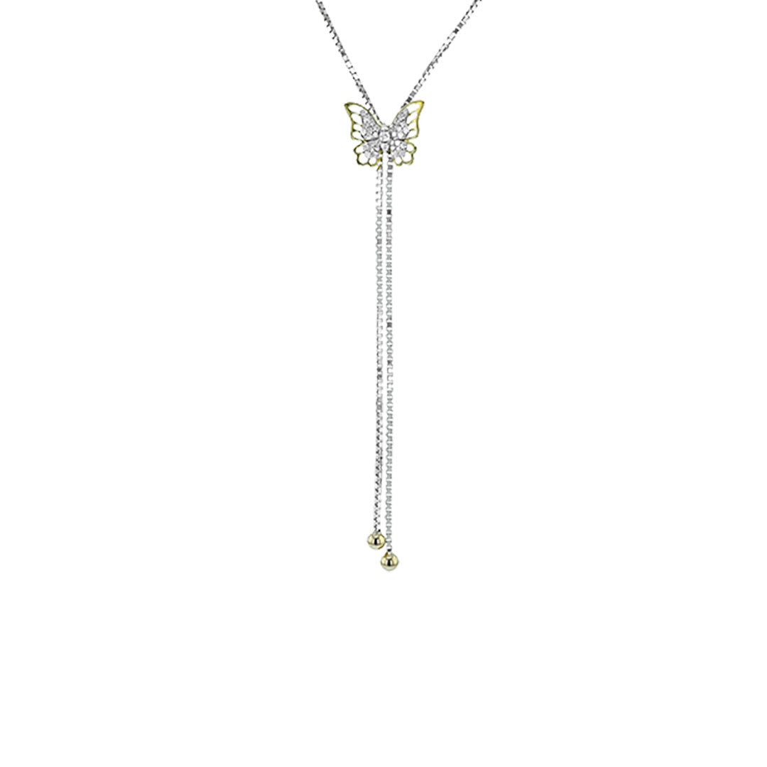 The Simon G. 18K White and Yellow Gold Diamond Butterfly Lariat Necklace features a butterfly pendant with round diamonds, two delicate chains ending in gold beads, all crafted in elegant white and yellow 18K gold.