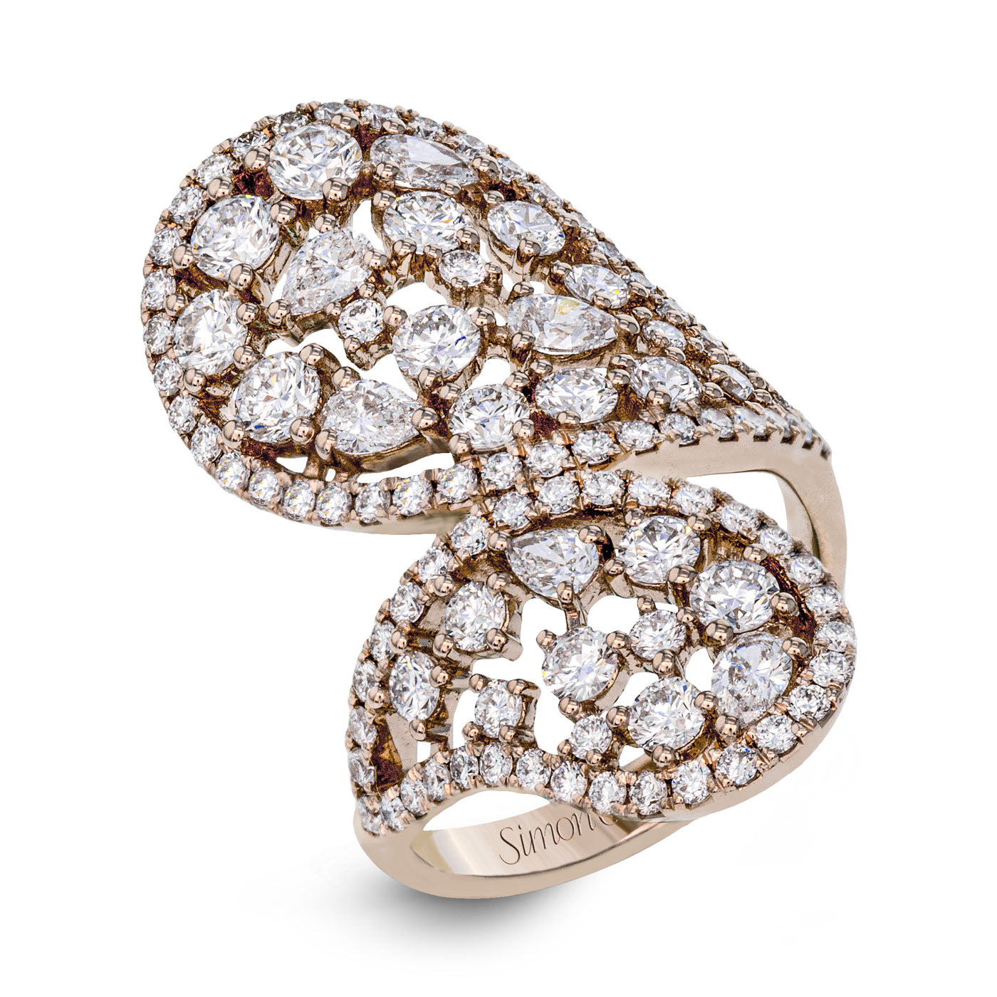 A Simon G. 18K Rosé Gold Pear Diamond Fashion Ring featuring an intricate openwork design, adorned with a variety of sparkling diamonds. This exquisite piece forms two overlapping pear-shaped loops, exuding elegance and luxury.
